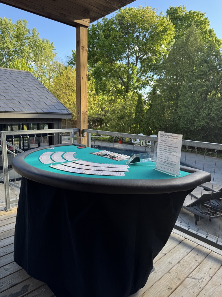 Blackjack table on Kim's deck outside a pool